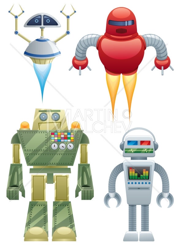 Roboter Vektor-Cartoon-Illustration. Roboter, Cartoon, Spielzeug, retro,  alte, glänzend, Zinn, Metall, isoliert, weiß, dj, - .de