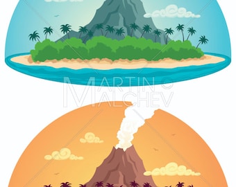 Tropischen Insel auf weiß - Vektor-Cartoon-Clipart-Illustration. exotisch, Ozean, Meer, Palme, Vulkan, Rauch, Urlaub, Strand, Landschaft,