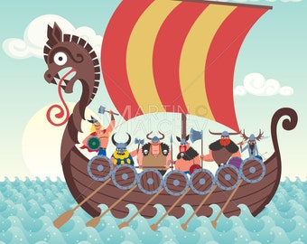 Viking Ship - Vector Cartoon Illustration. Nordic, Norse, Celts, Scandinavian, ship, sail, boat, sailing, nautical vessel, warship, battle,