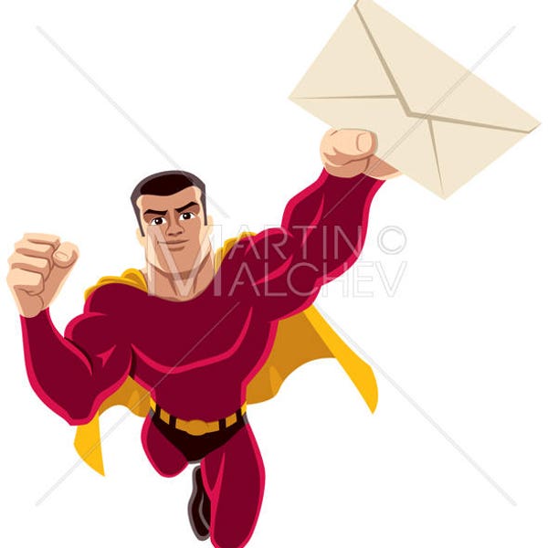 Superheld Fliegender Umschlag - Vektor Cartoon Clipart Illustration. super, Held, Mann, Kraft, Buchstabe, Botschaft, bringen, tragen, liefern,