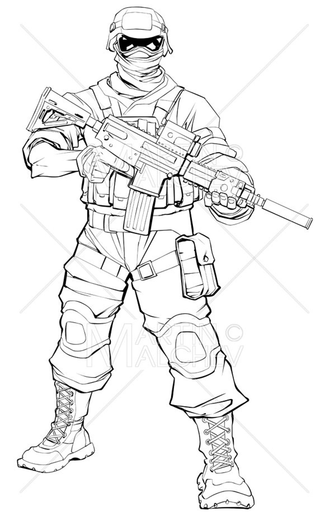 Soldier Line Art Vector Illustration. Marine, Ranger, Special Forces, Gi, Troops, Trooper, Navy
