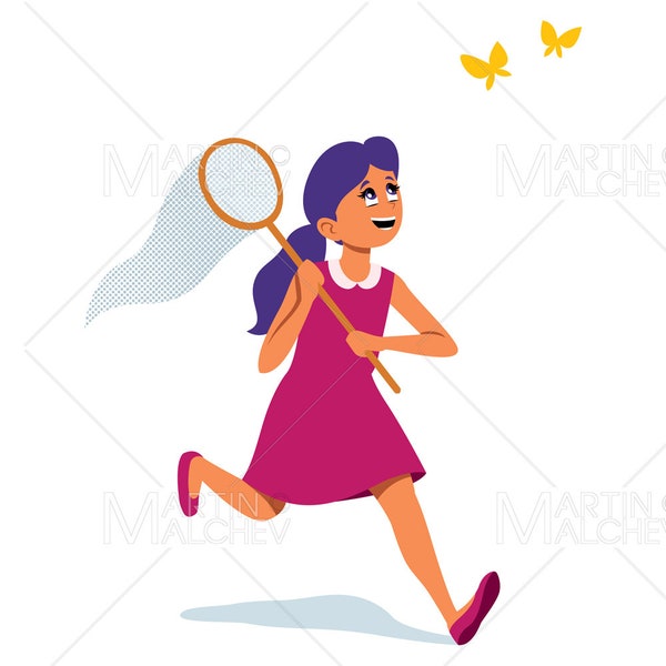 Girl Chasing Butterflies on White Vector Illustration child, girl, butterfly, summer, nature, net, chasing, person, fun,