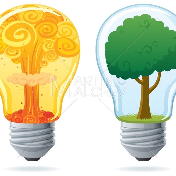 Energy - Vector Cartoon Illustration. choice, clean, nuclear, power, concept, abstract, alternative, light bulb, lamp, bomb, tree, green