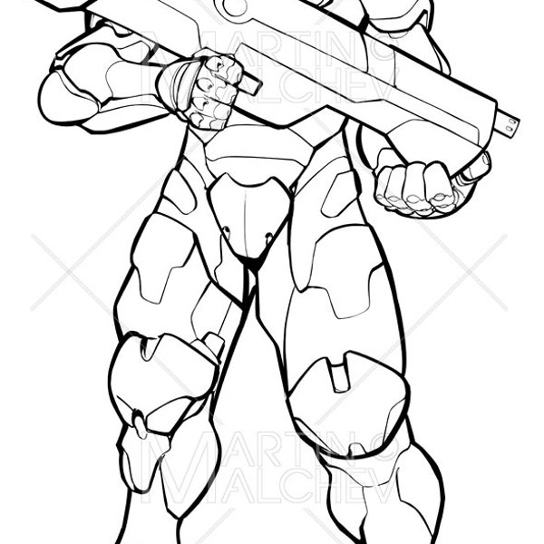 Futuristic Soldier Line Art - Vector Illustration. exoskeleton, future, technology, terminator, ai, danger, dangerous, marine, ranger,