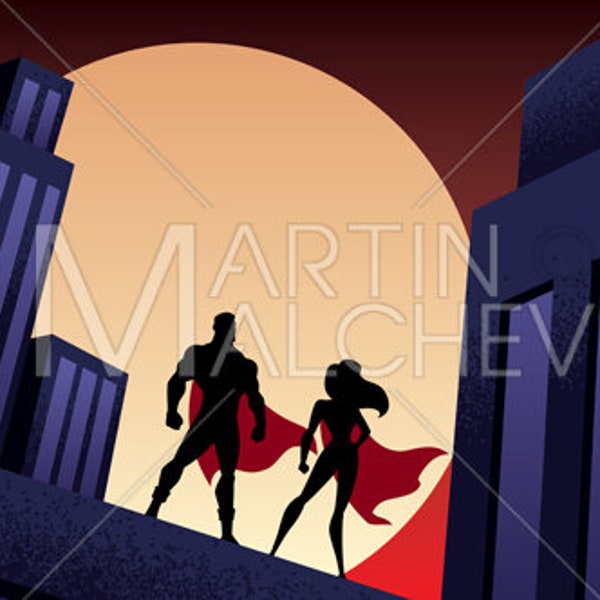 Superhero Couple City Night - Vector Illustration. superheroine, super, hero, man, silhouette, male, female, woman, comic book, comic