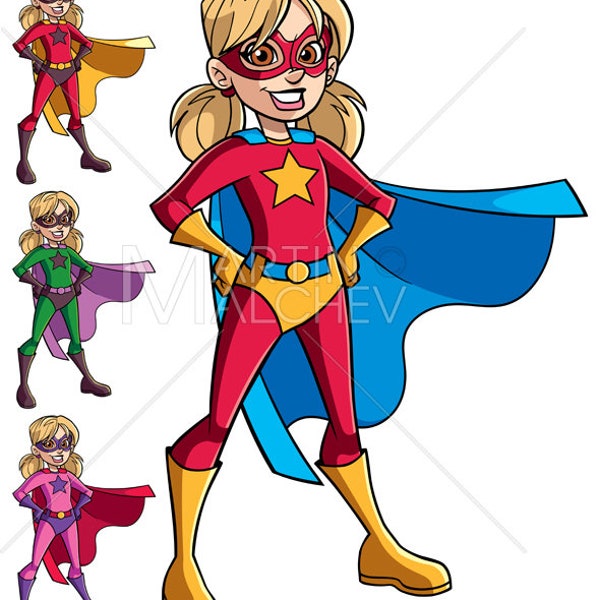 Super Girl - Vector Cartoon Illustration. hero, super, heroine, superheroine, child, power, powerful, superhero, cape, costume, eye mask,