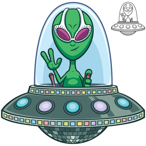 Alien Sie Fliegende Untertasse Vektor Cartoon Illustration Etsy