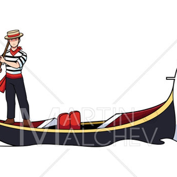 Gondolier sur white vector illustration , élégant, paddle, dessin animé, vintage, gondole, vénitien, canal, venise, romantique,