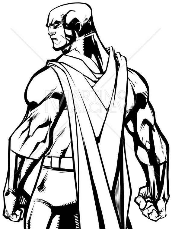 Superhero Back Battle Mode Line Art - Vector Illustration. hero, cape,  super, character, ready, courage, action, power, strong, back, man