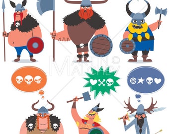 Wikinger - Vektor-Cartoon-Illustration. Berserker, Krieger, Soldaten, Piraten, Wikinger, Barbar, Mittelalter, Nordic, Norse, Skandinavisch, Thor,