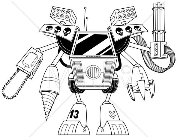Killer Robot Line Art Vector Illustration robot, giant, transformer, android, fiction, sci-fi, battle, war, armed, coloring, book, coloring