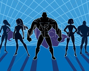 Superheld Team 2 - Vektor Cartoon Illustration. Gruppe, Liga, Allianz, Party, Kader, super, Heldin, Heldin, Frau, Silhouette