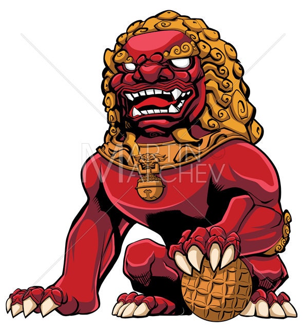Chinese Lion Red Vector Illustration Guardian Imperial Etsy