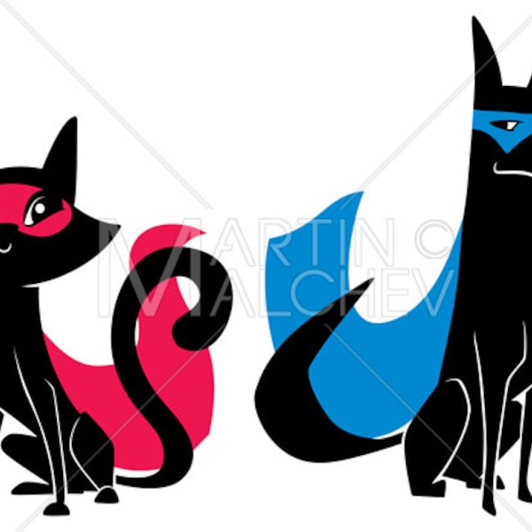 Super Cat and Super Dog Silhouettes - Vector Cartoon Illustration. cape, hero, superhero, super, pets, superheroine, power, couple