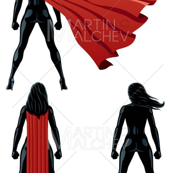 Super Heroine Back - Vector Cartoon Illustration. superhero, female, superheroine, hero, woman, girl, silhouette, isolated, cape, watching