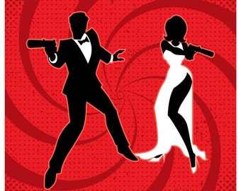 Pareja de espías - Ilustración de dibujos animados vectoriales. agente secreto, familia, 007, hombre, mujer, detective, james bond, silueta, clipart, svg, cdr, eps