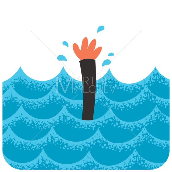 Drowning - Vector Cartoon Illustration. drown, sink, sinking, hand, arm, underwater, concept, going down, man, water, under,