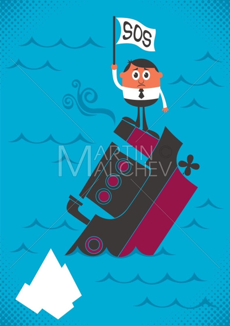 Sinking Ship Vector Cartoon Illustration Ship Boat Yacht Shipwreck Man Captain Businessman Business Iceberg Ocean Sea Sos