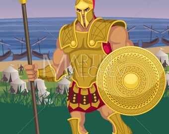 Achilles - Vector Cartoon Clipart Illustration. troy, trojan, war, iliad, mythology, hero, greek, fantasy, ancient, history, legend, myth,