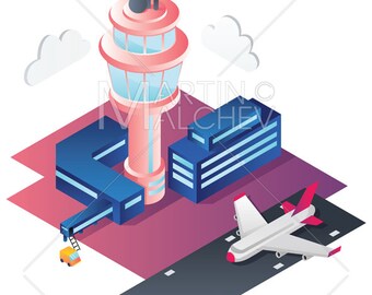 Airport Isometric Flat Design Vector Illustration  airport, air, travel, airplane, aircraft, concept, international, isometric, business,