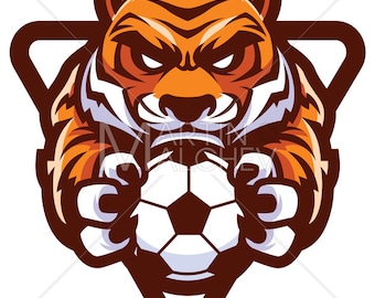 Tiger Fußball-Fußball-Maskottchen - Vektor-Illustration. Sport, Team, Tier, Symbol, Zeichen, Logo, Fußball, Fußball, Kugel, halten, Liga
