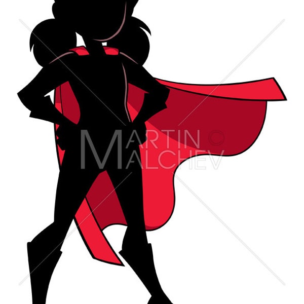 Super Girl Silhouette - Vector Illustration. hero, heroine, superheroine, child, power, powerful, energy, superhero, cape, costume,