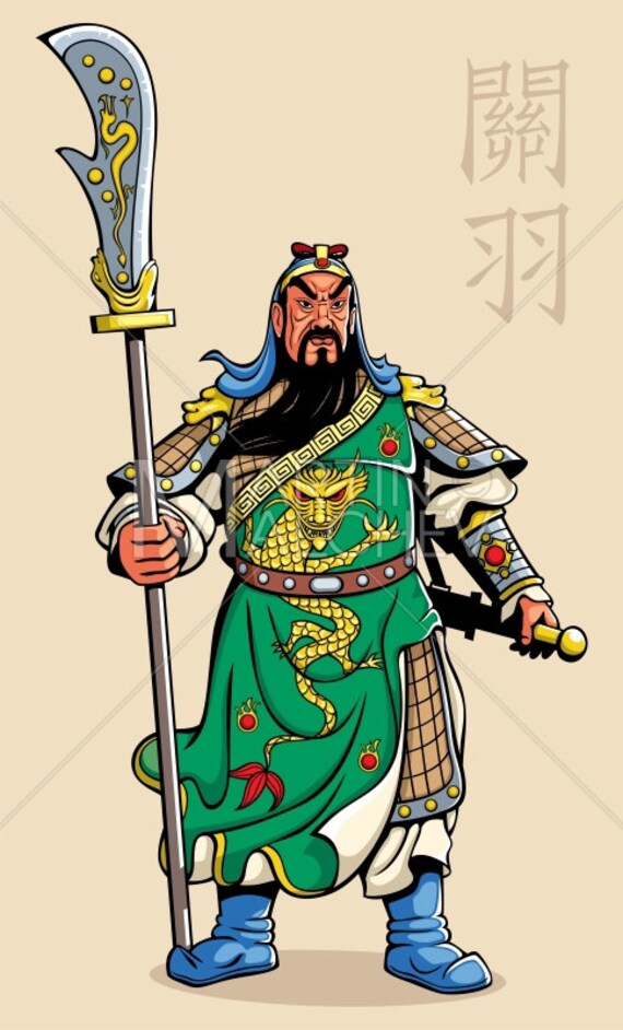 Chinese Warrior Vector Cartoon Clipart Illustration China Soldier General Hero Guardian Guan Yu Guan Gong Mascot Guan Dao Armor - 
