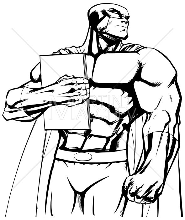 Superhero Holding Book Line Art - Vector Illustration. holding, book,  comic, man, hero, super, power, line art, black, illustration, vector