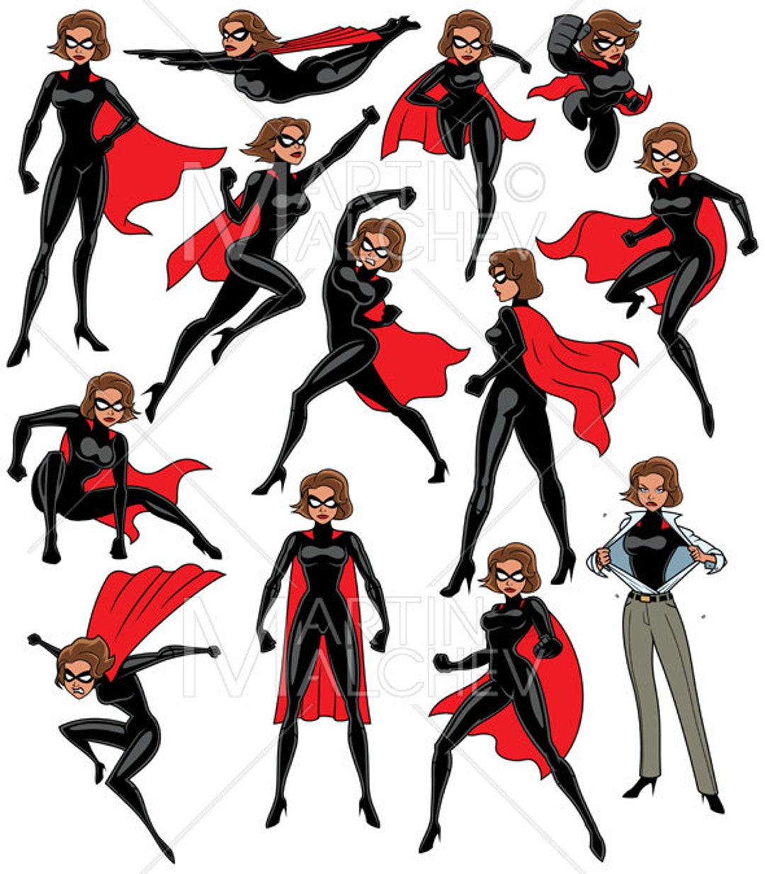 Female superhero in different situations poses Vector Image