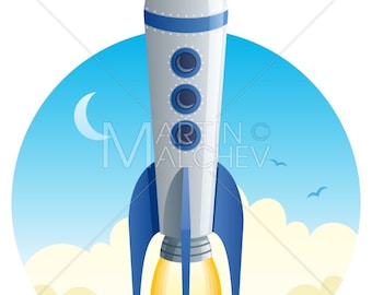 Raketenstart - Vektor-Cartoon-Clipart-Illustration. Raumschiff, Space Shuttle, ausziehen, Blastoff, fliegen, Himmel, Mond, Flamme, Rakete, Booster