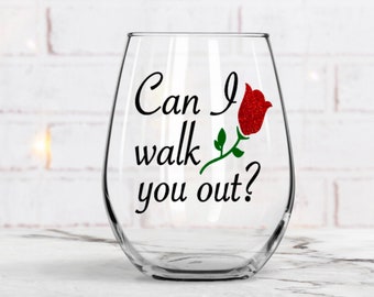 The bachelor wine glass, Can I walk you out, Bachelor Rose Glass, Stemless wine glass with funny saying, Funny bachelor themed wine glass
