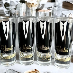 Personalized Shot Glasses with Tuxes, Groomsmen Wedding Glasses, will you be my groomsman, groomsman gifts, wedding party gifts