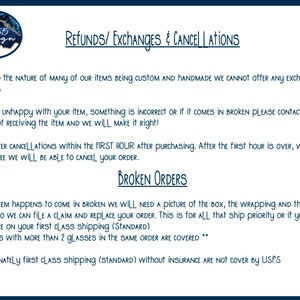 May include: Text on a white background with blue lettering outlining the refund, exchange, and cancellation policies for handmade items. The text includes information about broken orders and how to file a claim.