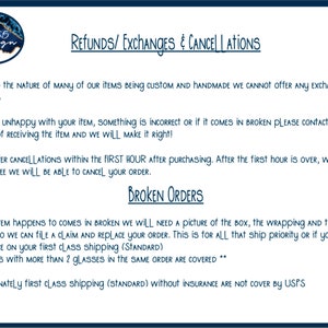 May include: A dark blue and white graphic with text detailing the shop's refund, exchange, and cancellation policies. The text includes information about broken orders and shipping insurance.