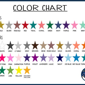 May include: Color chart with glitter and solid color options. Glitter colors include black, gold, silver, rose gold, red, teal, coral, green, navy, purple, pink, mint, and raspberry. Solid colors include black, white, gray, brown, beige, gold, silver, coral, orange, red, and more.