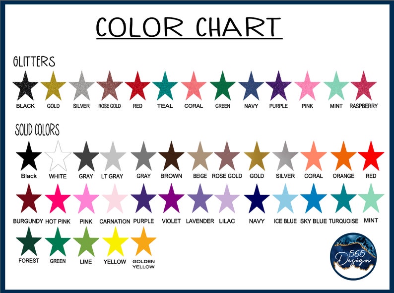 May include: Color chart with glitter and solid color options. Glitter colors include black, gold, silver, rose gold, red, teal, coral, green, navy, purple, pink, mint, and raspberry. Solid colors include black, white, gray, brown, beige, gold, silver, coral, orange, red, and more.