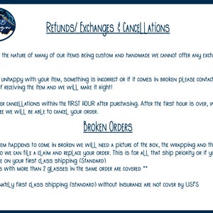 May include: Text on a white background with blue lettering outlining the refund, exchange, and cancellation policies for handmade items. The text includes information about broken orders and how to file a claim.