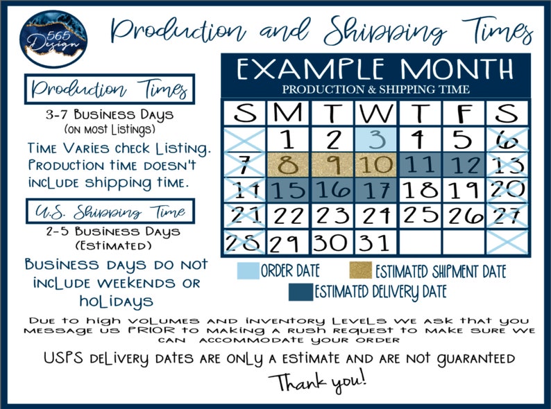 Pu&ograve; includere: Un calendario blu e bianco con il testo "Production and Shipping Times" e "Example Month". Il calendario mostra i giorni della settimana e le date del mese. Il calendario include anche informazioni sui tempi di produzione e spedizione.