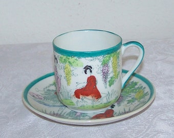 GEISHA GIRL Demitasse Cup and Saucer Set, Blue Rim, Made n Japan