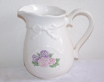Vintage decorative Water Pitcher and Wash Bowl Basin Raised open rose green leaves and branch Scalloped edges with God Bless Our Home