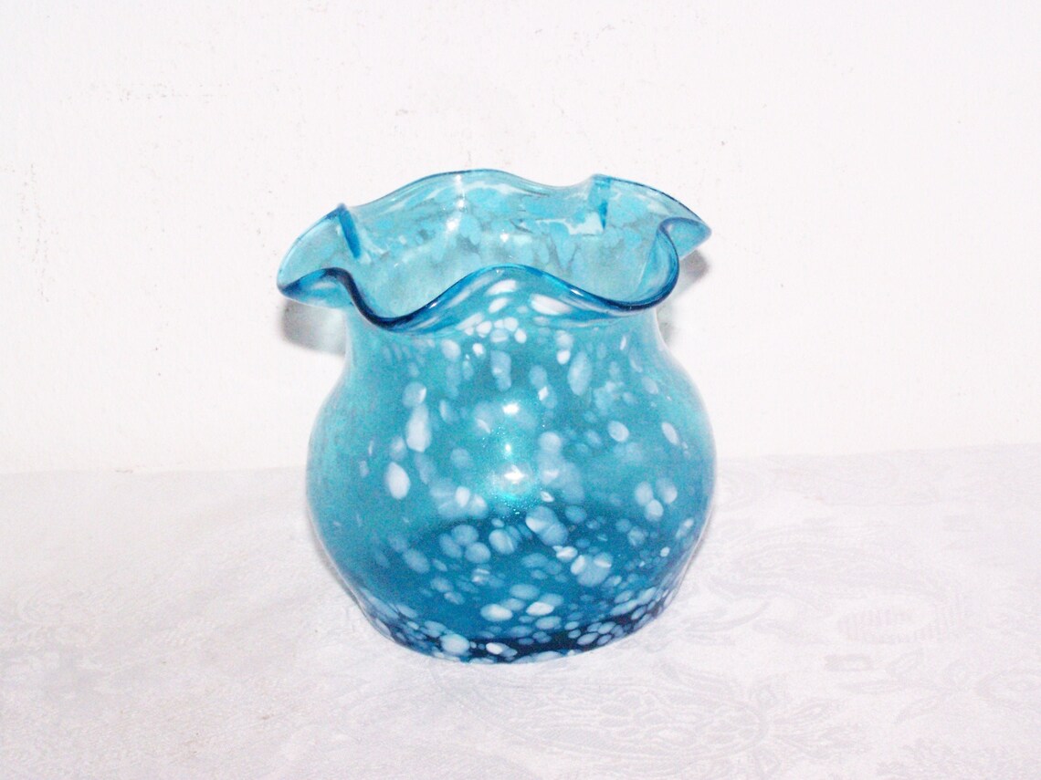 Blue with White Dots Hand Blown Glass Vase with Ruffled Top Etsy