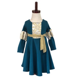 Inspired Viking Princess Merrida Dress, Celtic Princess Twirl Dress with gold trim