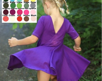 3/4 length sleeve U- PICK COLOR Toddler Twirl Dress Twirl dress Baby Twirl Dress  Gray  Black / Navy / Yellow / Pink / Burgundy / Mint