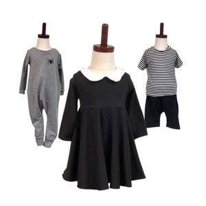 Black Dress with Collar, Grey Romper, Shorts and Striped set, Inspired Adams Family kids costumes wednesday, Pubert, pugsly