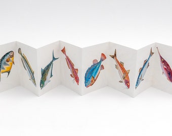 Petit Fishporello marbré - Leporello Vintage Poissons & Papier Marbré - Art de l'Histoire Naturelle, Décoration Artistique , Cadeau Unique