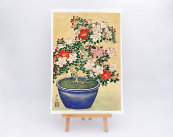 Blooming azalea in blue pot (1920 - 1930) by Ohara Koson - Fine art print with fringed edge