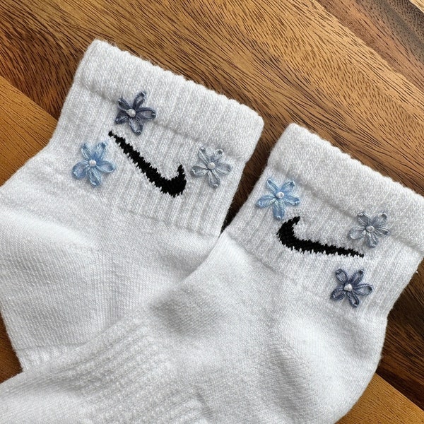 Hand Embroidered Blue Daisy Socks (Nike - Authentic)
