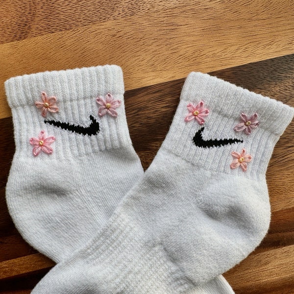 Hand Embroidered Pink Daisy Socks (Nike - Authentic)