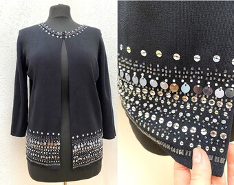 90's Joseph A cadigan Sequin embroidery cardigan  Dark blue cardigan S Amazing quality Viscose cardigan Medium to Large cardigan