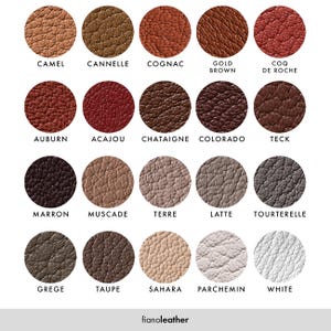 May include: A chart of 20 different leather colors, each color is represented by a circle with a textured leather surface. The colors range from light brown to dark brown, with some red and gray tones. The names of each color are listed below the circles in English and French.